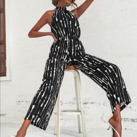 New Boho Sexy Summer Jumpsuit Halter Neck Sleeveless Chiffon Wide Leg Long Pant - Picture 7 of 11